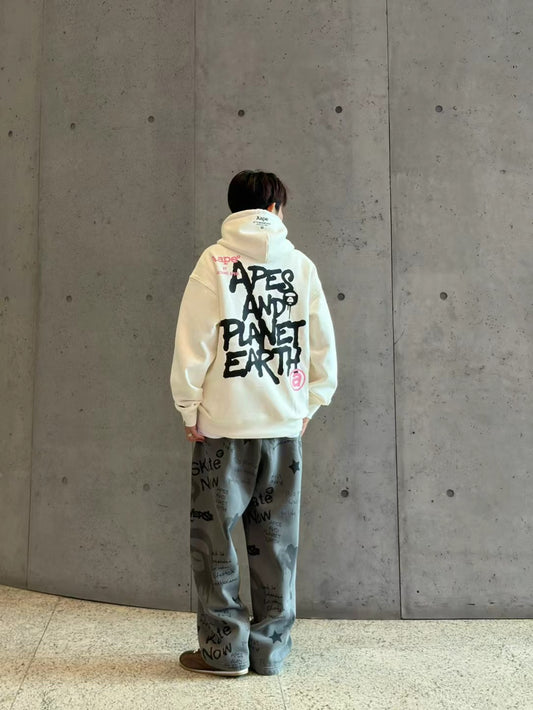 香港直郵 Aape 男裝 26秋冬猿人字母噴墨塗鴉連帽加絨衛衣E302 AAPSWME302XXR