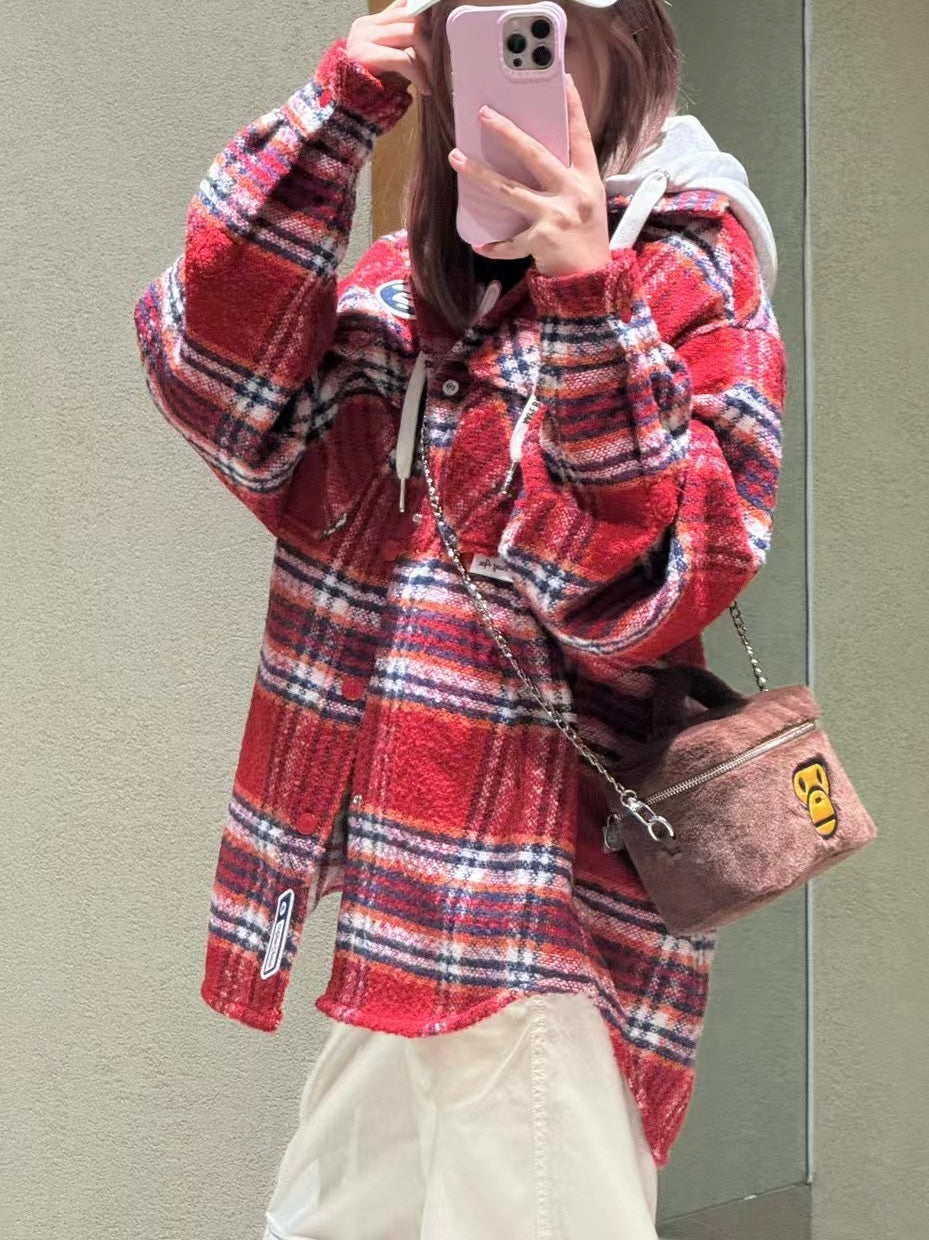 香港直郵 Aape 25秋冬 男裝 可拆卸帽格紋翻領潮流長袖襯衫外套8549