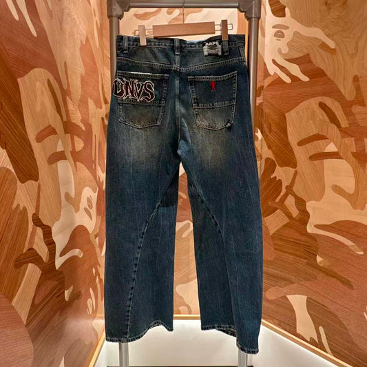 香港直郵 Aape 男裝 26秋冬複古水洗做舊3D立體剪裁牛仔褲D657 AAPPTMD657XAR