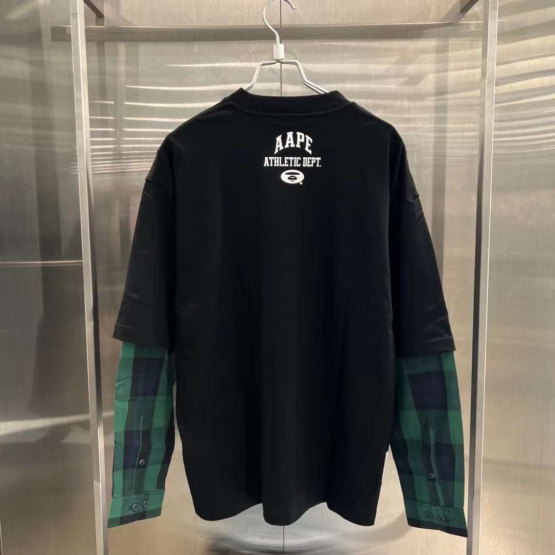Aape 23 男裝 秋冬 猿顏圖案印花格紋拼接長袖T恤 1402XXL