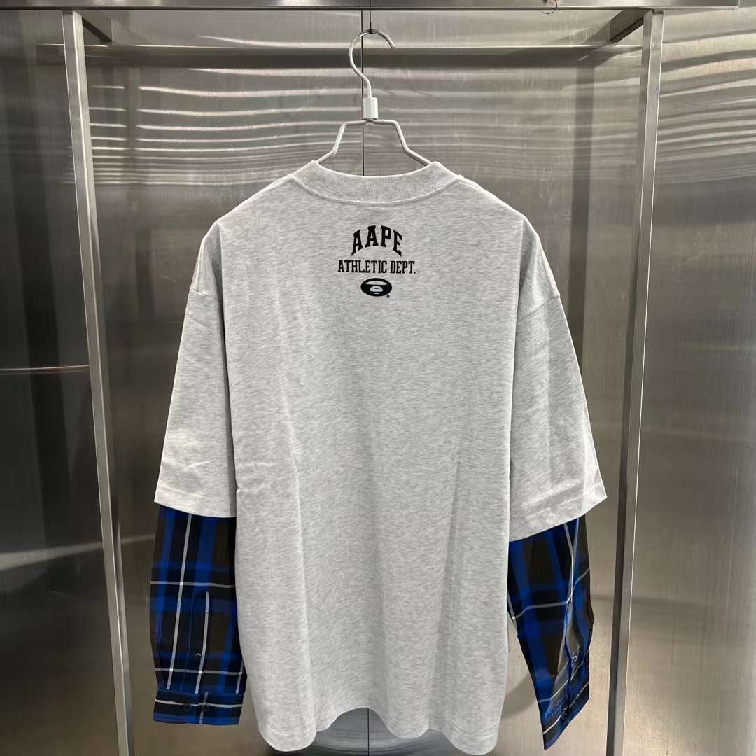Aape 23 男裝 秋冬 猿顏圖案印花格紋拼接長袖T恤 1402XXL