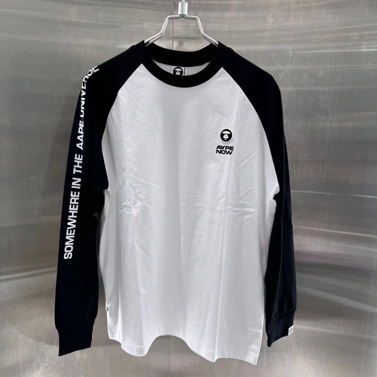 香港專櫃代購 Aape 24秋冬 男猿顏徽章字母印花撞色插肩休閑長袖T恤1541