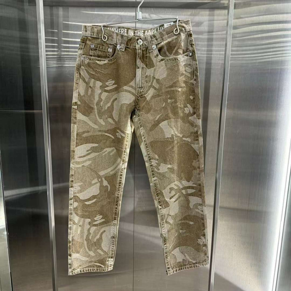 AAPE 23秋冬男 猿顏字母標簽迷彩色織水洗牛仔褲608