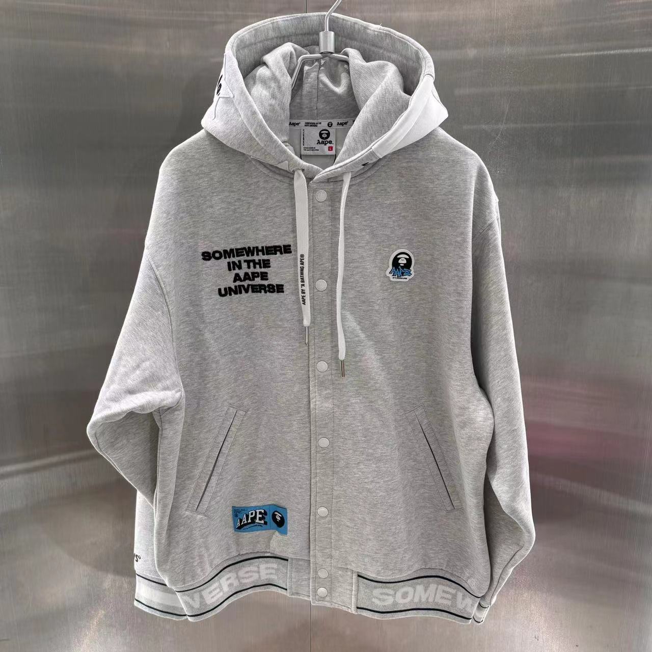 香港直郵 Aape 男裝 24年秋冬猿顏徽章潮流厚絨連帽棒球服衛衣347