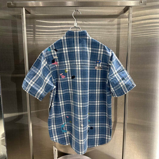 香港代購 專櫃正品 26春夏 Aape 男 AAPEUNVS 字母撞色徽章刺繡潑墨效果格紋短袖襯衫8572