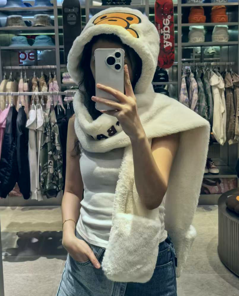 BABY MILO STORE配飾卡通小猴毛絨圍巾帽子一體圍脖4334