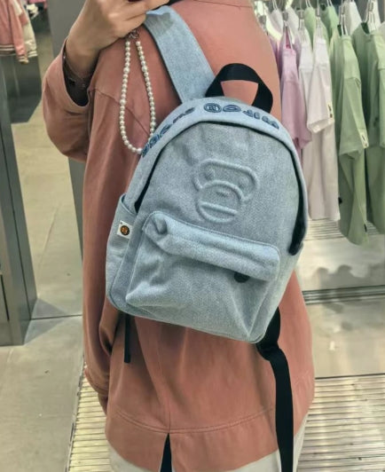 香港直郵 BABY MILO STORE配飾字母刺繡小猴圖案牛仔雙肩包4358