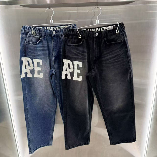 香港直郵 Aape 26春夏 男 字母刺繡印花水洗寬松直筒牛仔長褲C689