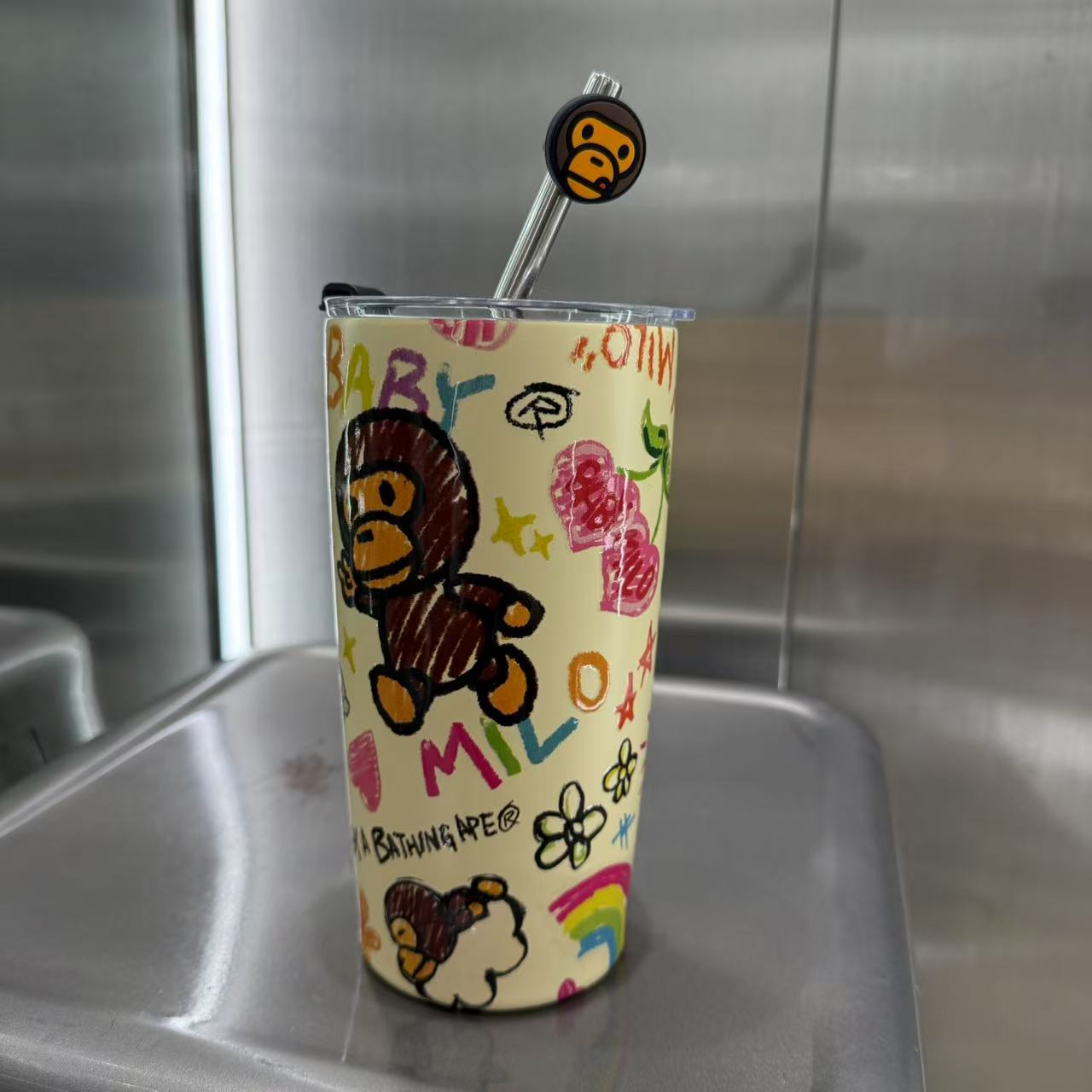 香港直郵 BABY MILO STORE配飾塗鴉風小猴圖案吸管杯4428