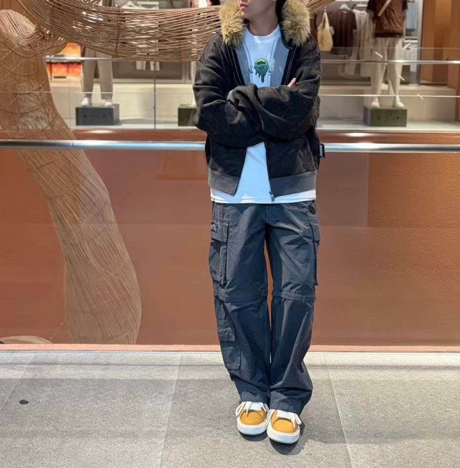 香港直郵 Aape 男裝 26秋冬水洗做舊可拆卸毛領加絨連帽衛衣E320 AAPSWME320XAR
