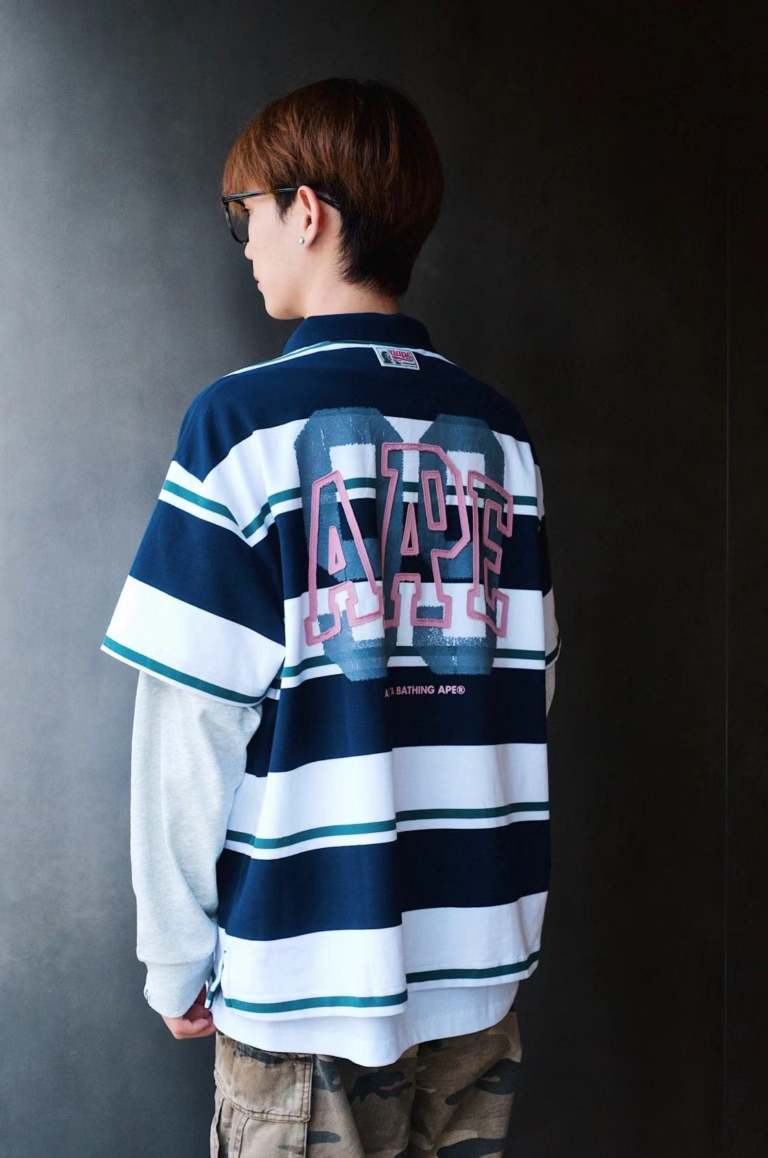 香港直郵 Aape 男裝 26秋冬美式學院風假兩件條紋拼接長袖POLO衫 1997 AAPPOM1997XXR