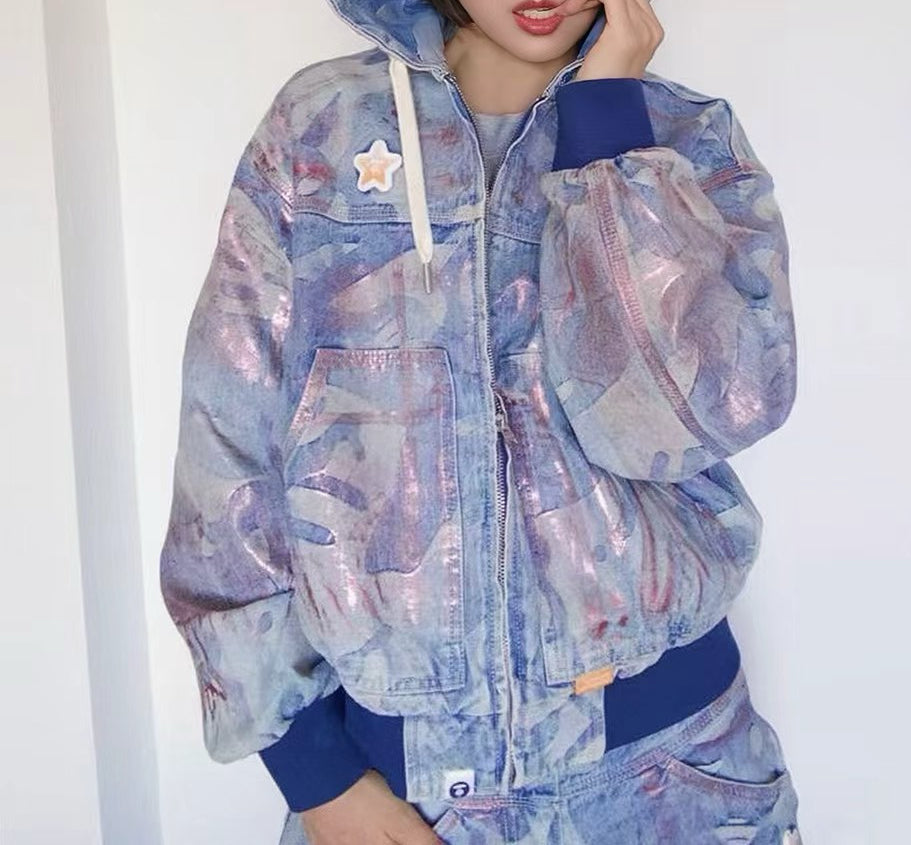 Aape 女装 26秋冬闪粉星星章珠光渐变牛仔连帽夹克外套7825