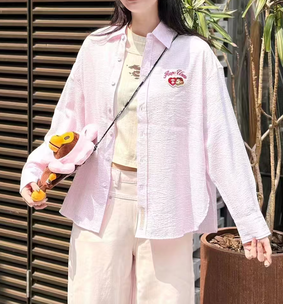 香港代購 專櫃正品 26春夏 Aape 女 AAPEUNVS 心型猿人刺繡徽章條紋長袖襯衫8576