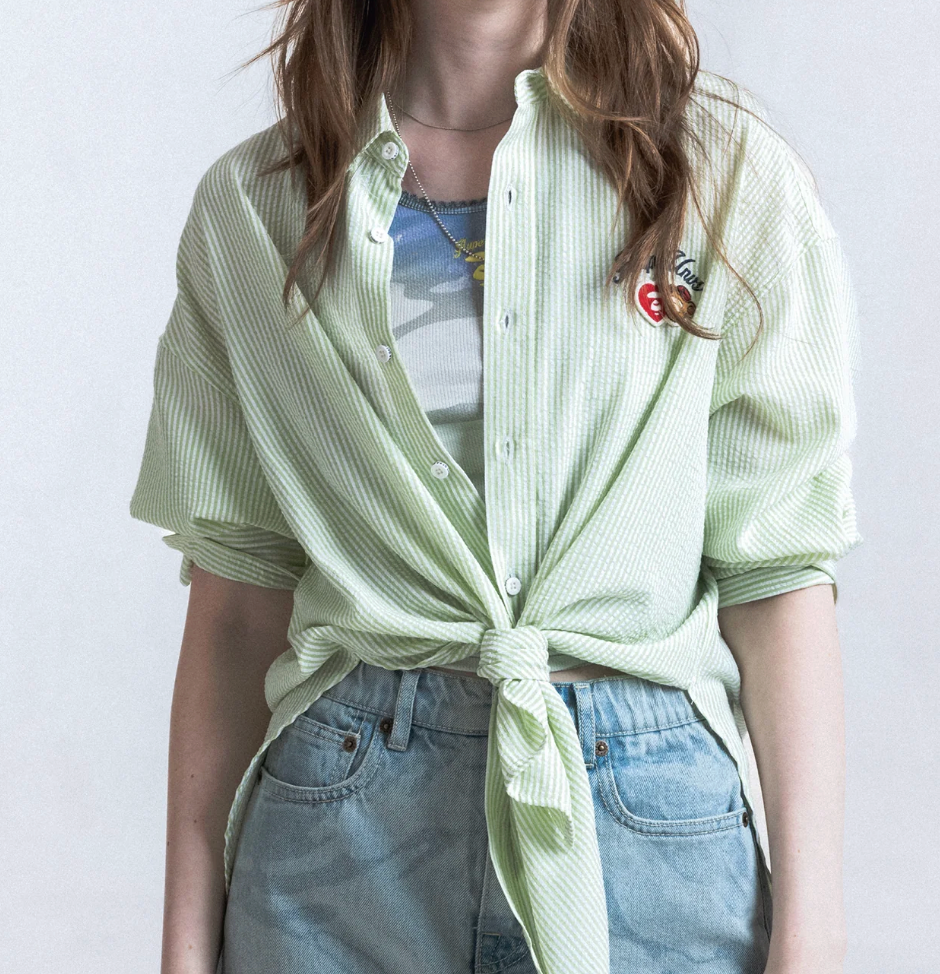 香港代購 專櫃正品 26春夏 Aape 女 AAPEUNVS 心型猿人刺繡徽章條紋長袖襯衫8576