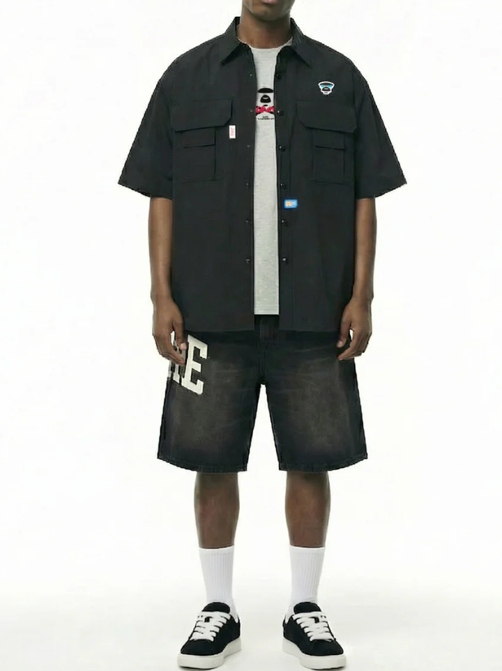 香港代購 專櫃正品 26春夏 Aape 男 AAPEUNVS 猿人徽章字母塗鴉多口袋工裝短袖襯衫8573