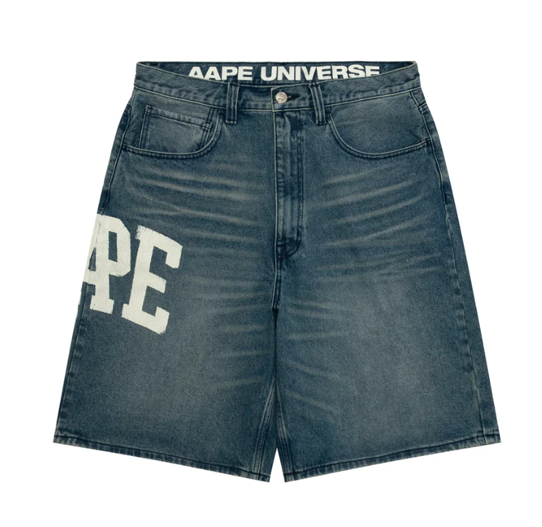 香港代購 專櫃正品 26春夏 Aape 男 AAPEUNVS 心標字母刺繡水洗做舊潮流牛仔短褲C690