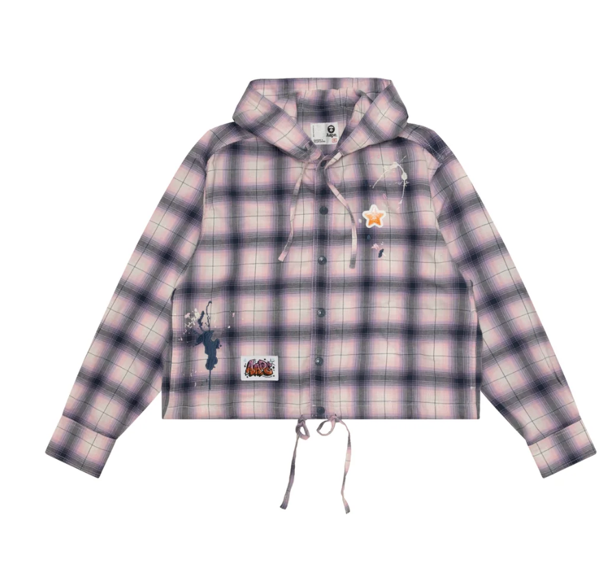 香港直郵 Aape 26秋冬 女 星星章連帽格紋襯衫8594