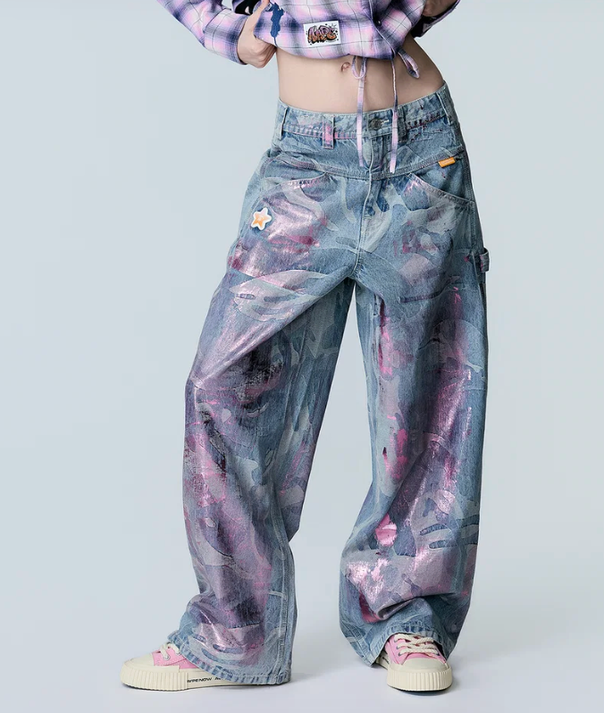 香港直郵 Aape 26秋冬 女 AAPEUNVS 珠光牛仔闊腿褲D671