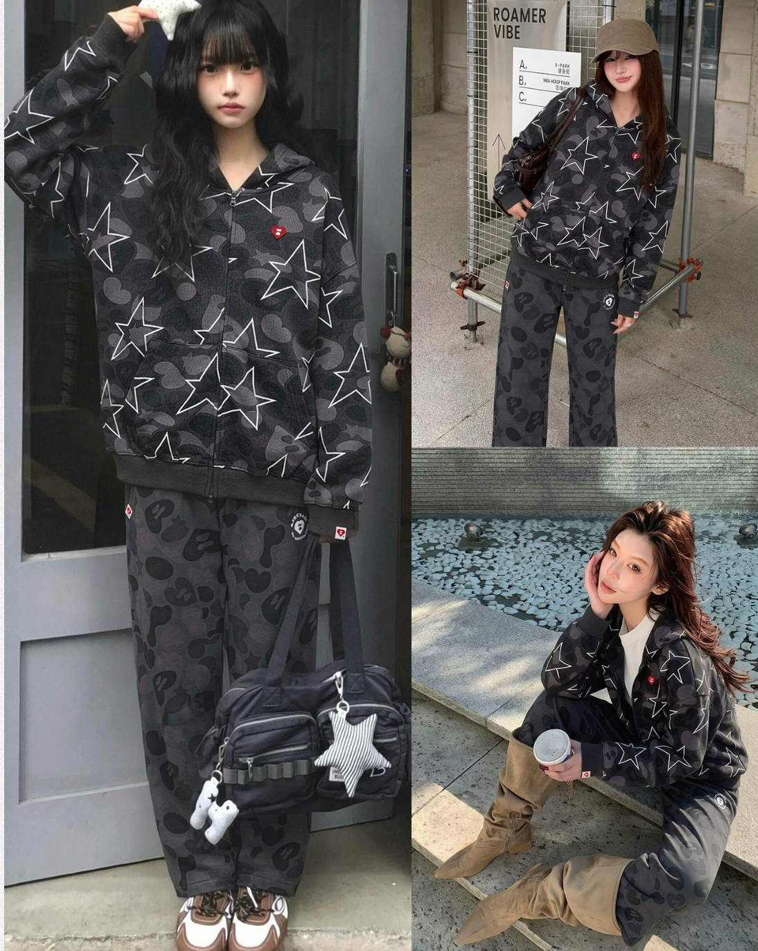 APEE星星迷彩印花連帽外套雙開拉鏈情侶開衫潮牌休閒衛衣 0PXHJAF00306R