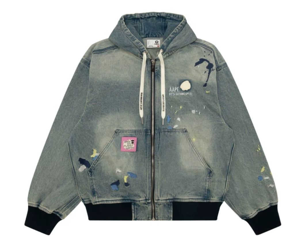 香港直郵 Aape 26秋冬 男裝潑墨刺繡水洗做舊牛仔連帽夾克外套7816