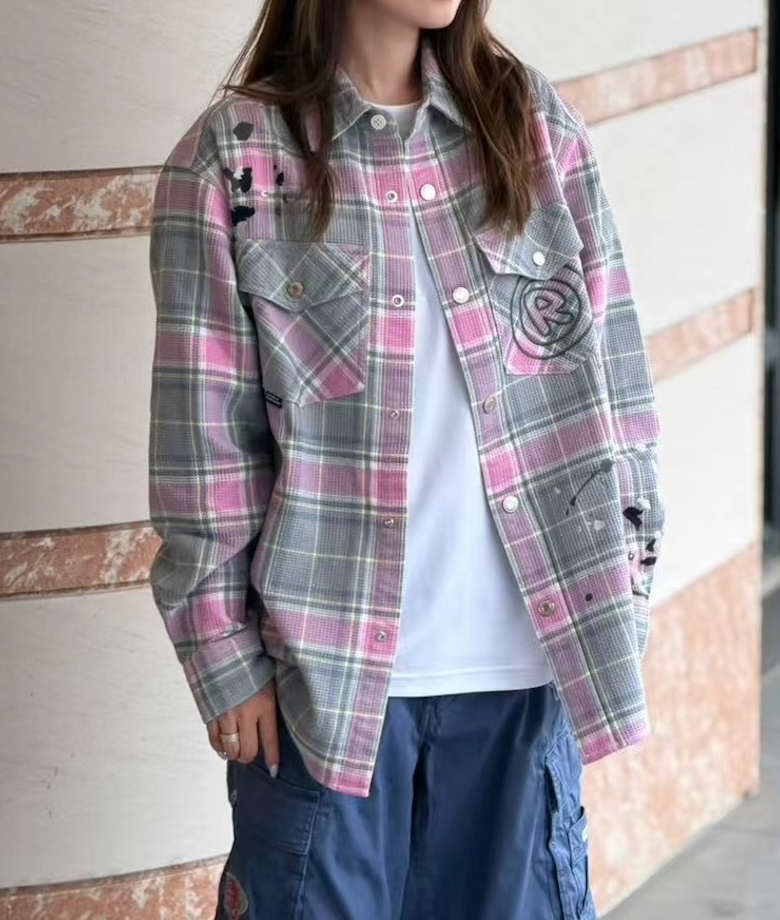 香港直郵 Aape 26秋冬 男裝秋冬潑墨刺繡撞色格紋工裝長袖襯衫8589