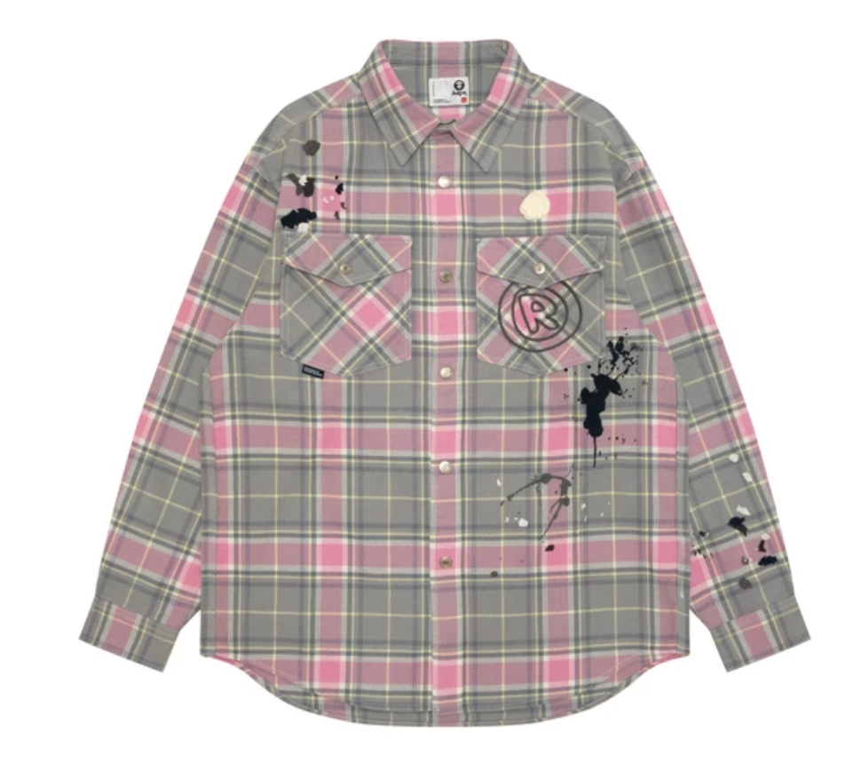香港直郵 Aape 26秋冬 男裝秋冬潑墨刺繡撞色格紋工裝長袖襯衫8589