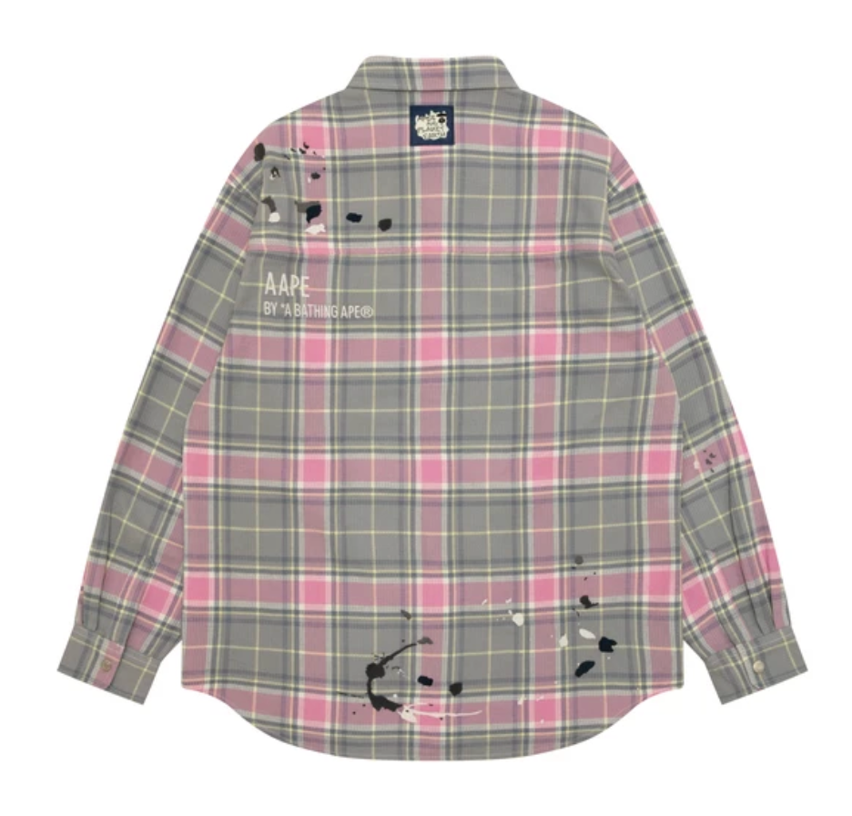 香港直郵 Aape 26秋冬 男裝秋冬潑墨刺繡撞色格紋工裝長袖襯衫8589
