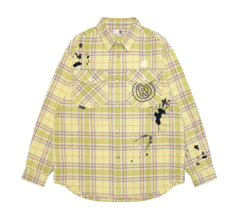 香港直郵 Aape 26秋冬 男裝秋冬潑墨刺繡撞色格紋工裝長袖襯衫8589