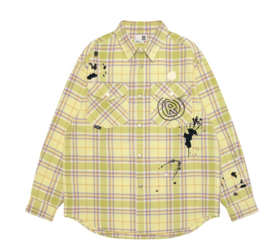香港直郵 Aape 26秋冬 男裝秋冬潑墨刺繡撞色格紋工裝長袖襯衫8589