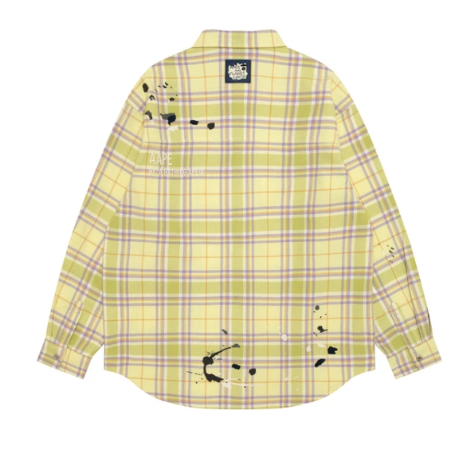 香港直郵 Aape 26秋冬 男裝秋冬潑墨刺繡撞色格紋工裝長袖襯衫8589