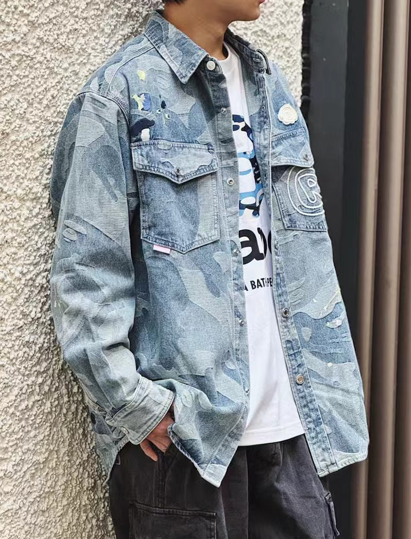 香港直郵 Aape 26秋冬 潑墨刺繡水洗做舊工裝牛仔長袖襯衫8589XXR
