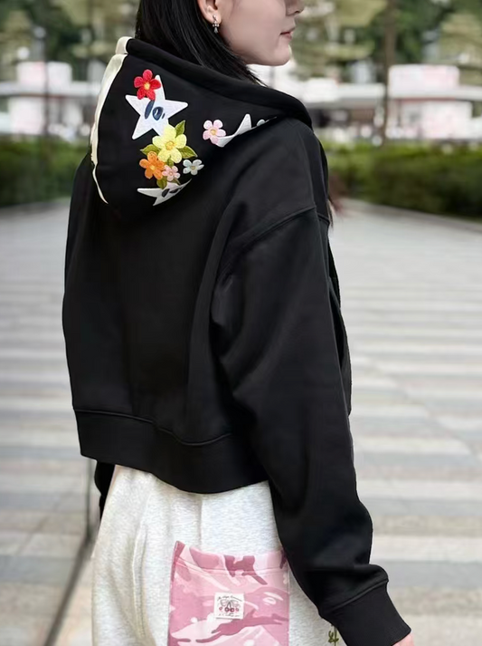 香港直郵 Aape 女裝 26秋冬花卉刺繡星星猿人短款加絨連帽衛衣E355 AAPSWWE355XXR