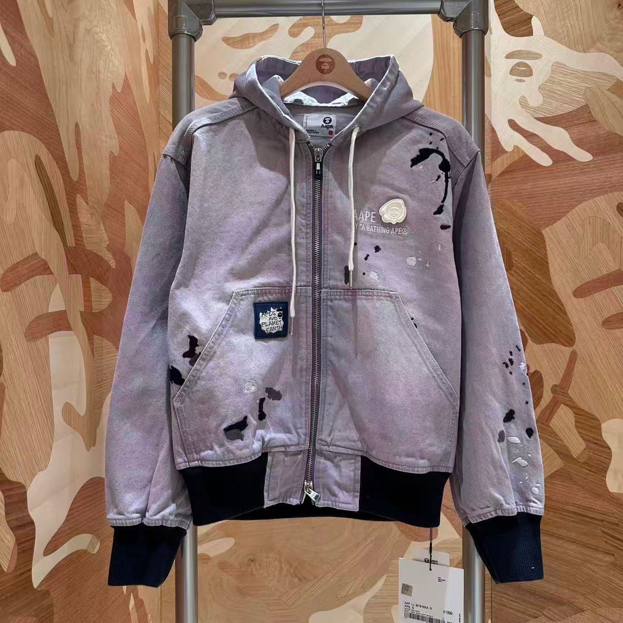 香港直郵 Aape 26秋冬 男裝潑墨刺繡水洗做舊牛仔連帽夾克外套7816
