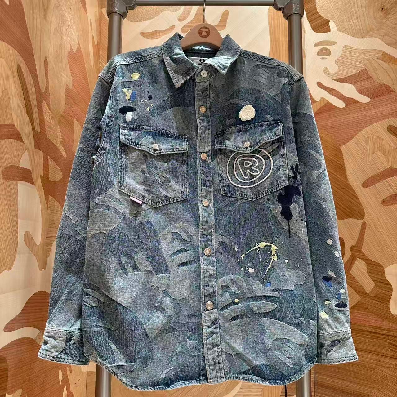 香港直郵 Aape 26秋冬 潑墨刺繡水洗做舊工裝牛仔長袖襯衫8589XXR