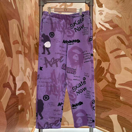 Aape 男装 26秋冬喷漆涂鸦满印水洗做旧加绒卫裤D663