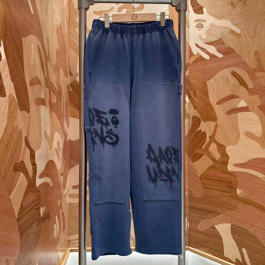 香港直郵 Aape 26秋冬 男裝噴漆塗鴉字母牛仔猿人水洗做舊衛褲D665