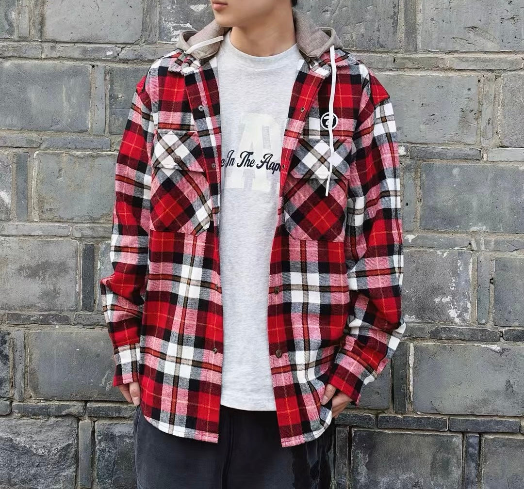 香港直郵 Aape 男裝 26秋冬 猿人刺繡章可拆卸帽撞色格紋襯8587 AAPSTM8587XXR