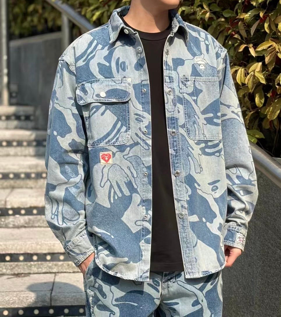 香港直郵 專櫃正品 Aape 早春新款 26春夏 字母猿人刺繡迷彩水洗牛仔長袖襯衫8564