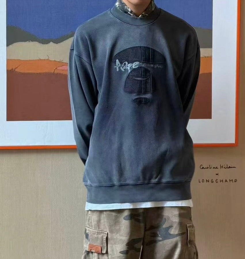 香港直郵 Aape 26秋冬男裝噴漆塗鴉字母牛仔猿洗舊復古衛衣 E324
