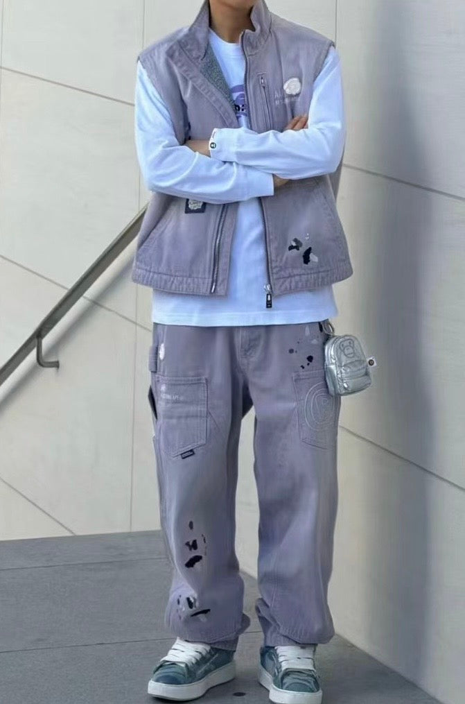 香港直郵 Aape 男女同款 26秋冬泼墨刺绣做旧摇粒绒内衬牛仔马甲7809 AAPVCM7809XAR