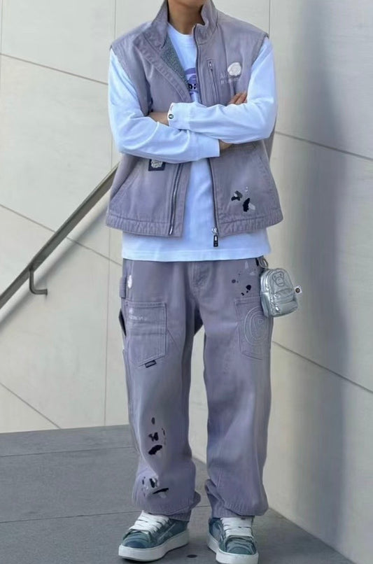香港直郵 Aape 男女同款 26秋冬泼墨刺绣做旧摇粒绒内衬牛仔马甲7809 AAPVCM7809XAR