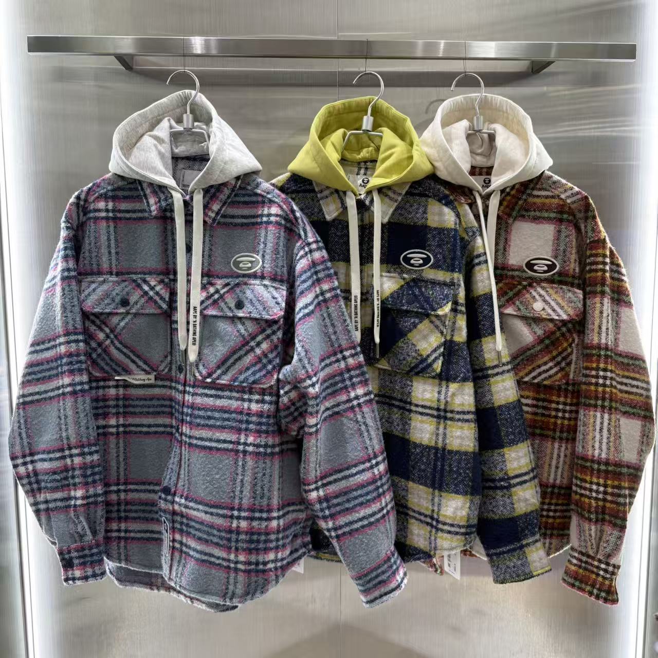 香港直郵 Aape 25秋冬 男裝 可拆卸帽格紋翻領潮流長袖襯衫外套8549