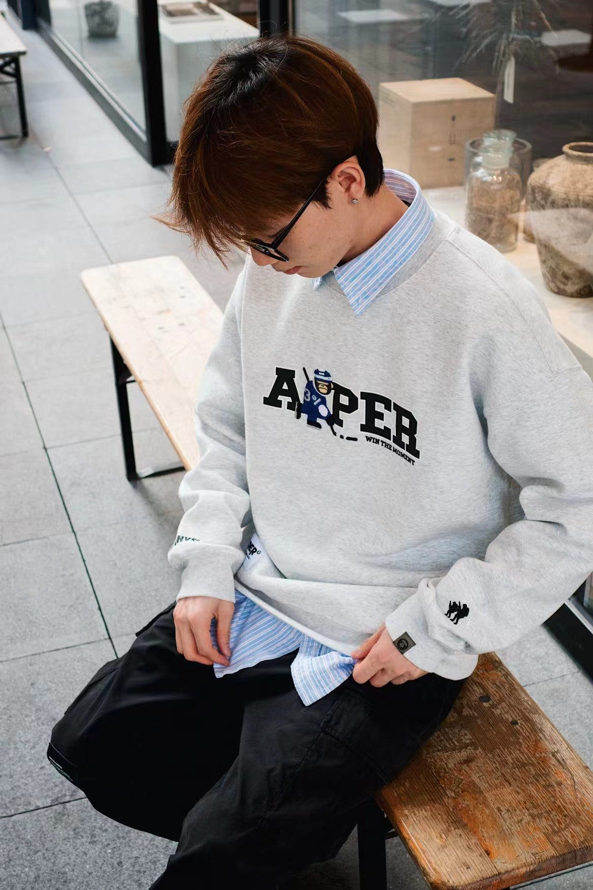 香港直郵 Aape 男装 26秋冬冰球猿人军团刺绣印花趣味圆领卫衣D390 AAPSWMD390XAR