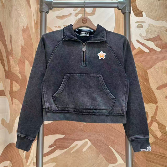 香港直郵 Aape 26秋冬 女装 闪粉星星章水洗做旧涂鸦半拉链卫衣E348