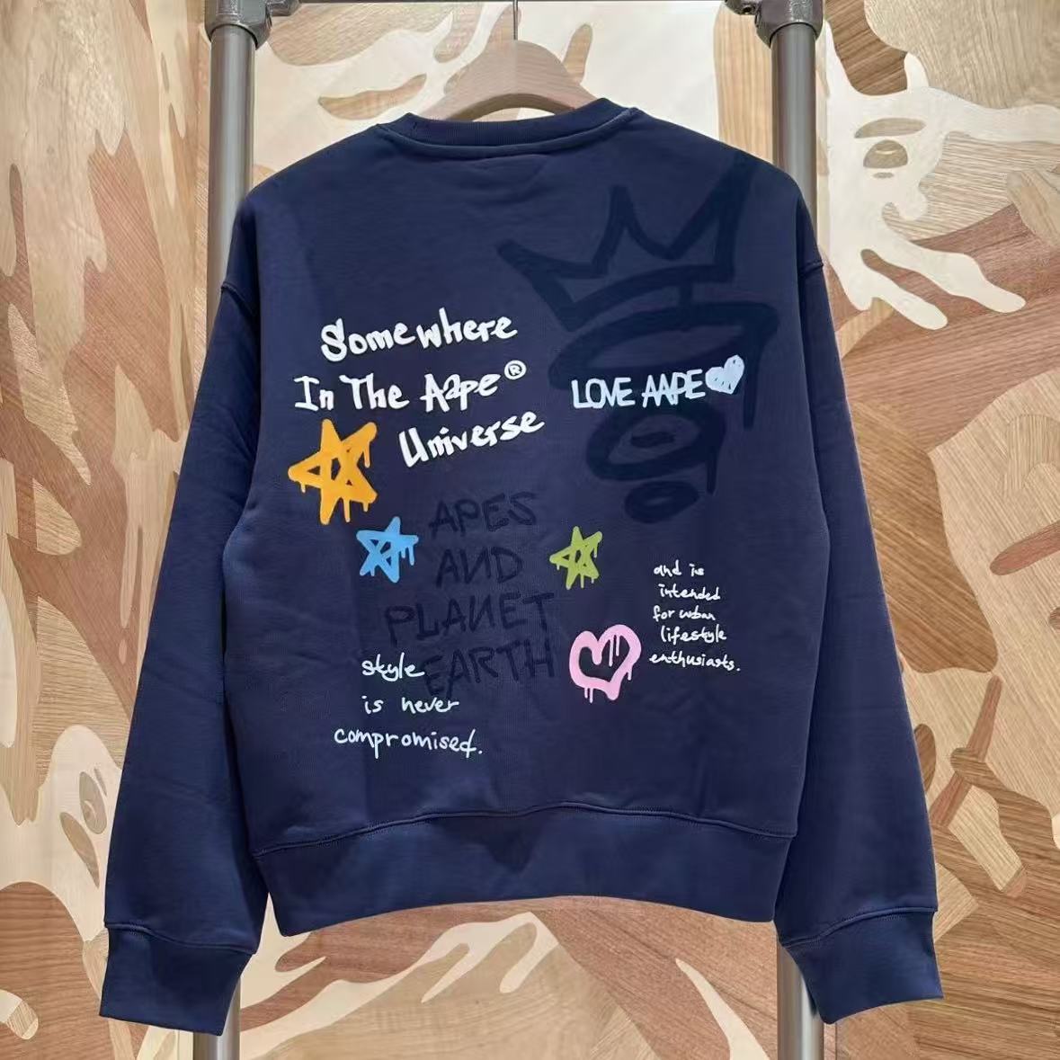 香港直郵 Aape 26秋冬 女 秋冬猿人字母塗鴉美式街頭加絨圓領衛衣E344