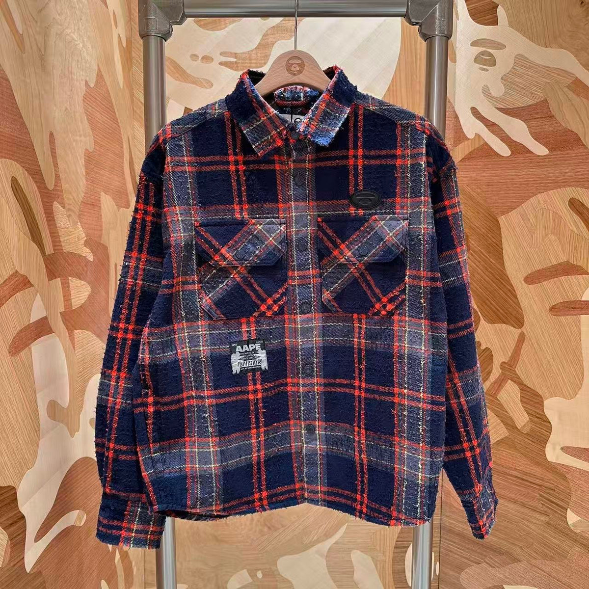 香港直郵 Aape 男裝 26秋冬復古做舊毛邊格紋工裝長袖襯衫8592 AAPSTM8592XXR