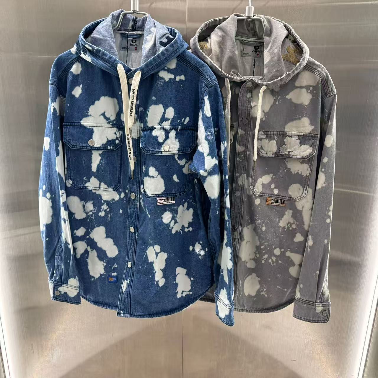 香港代購 專櫃正品 26春夏 Aape 男 AAPEUNVS 漂白潑墨效果連帽工裝牛仔襯衫外套8571