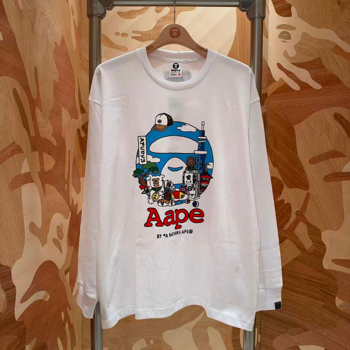 香港直郵 男裝 Aape 26秋冬 猿人軍團趣味日繫插畫印花長袖T恤10173 AAPLTM10173XR