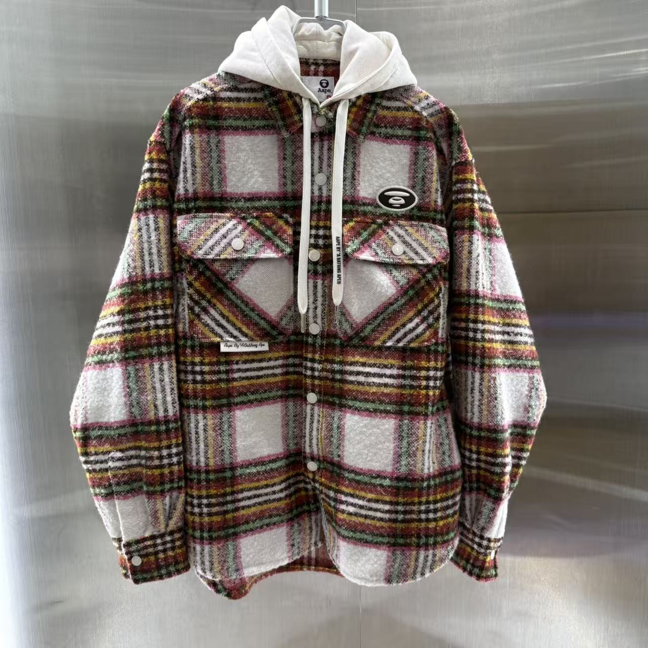 香港直郵 Aape 25秋冬 男裝 可拆卸帽格紋翻領潮流長袖襯衫外套8549