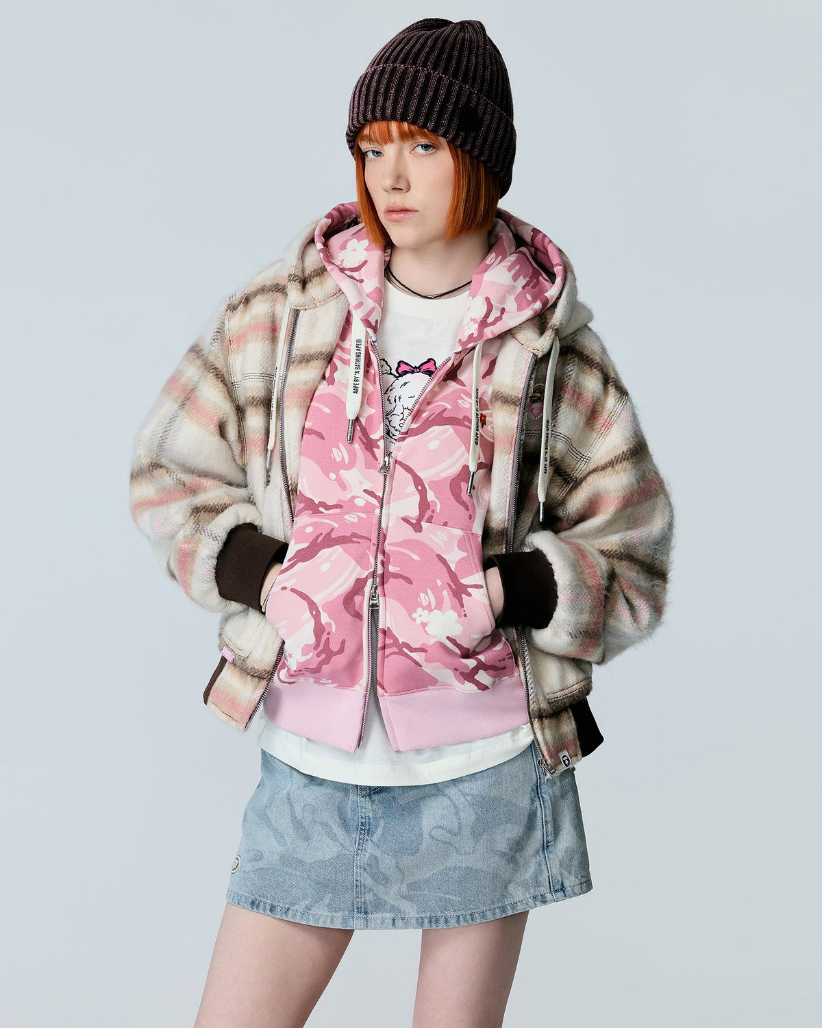 Aape 女裝 26秋冬狗狗愛心猿人章格紋學院連帽夾克外套7825